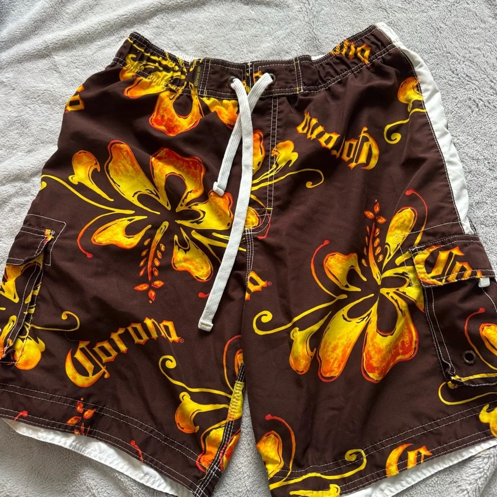 Corona Extra Hibiscus Floral Beer Board‎ Shorts Swim Trunks Brown Mens L